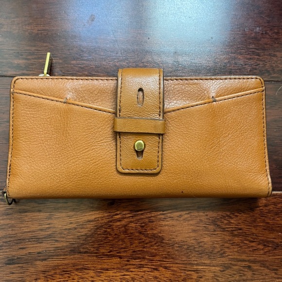 Fossil Willa Slim Wallet Tan Leather Credit Card‎ Case Checkbook Travel Purse - Picture 1 of 6